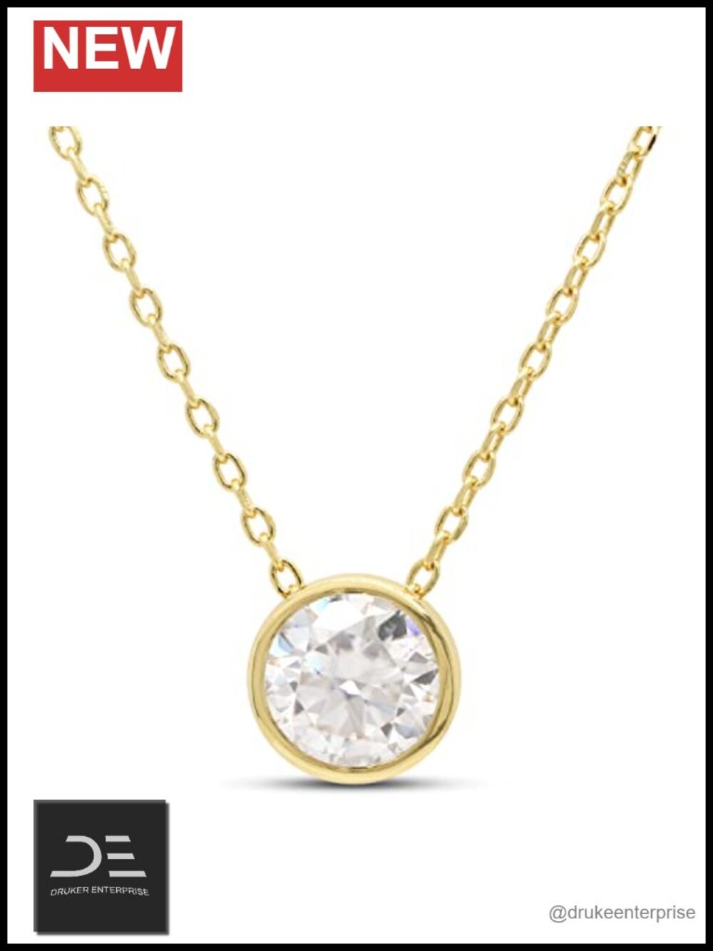 Bezel Solitaire Pendant Necklace 1ct Round Lab Created Moissanite 14K Yellow
